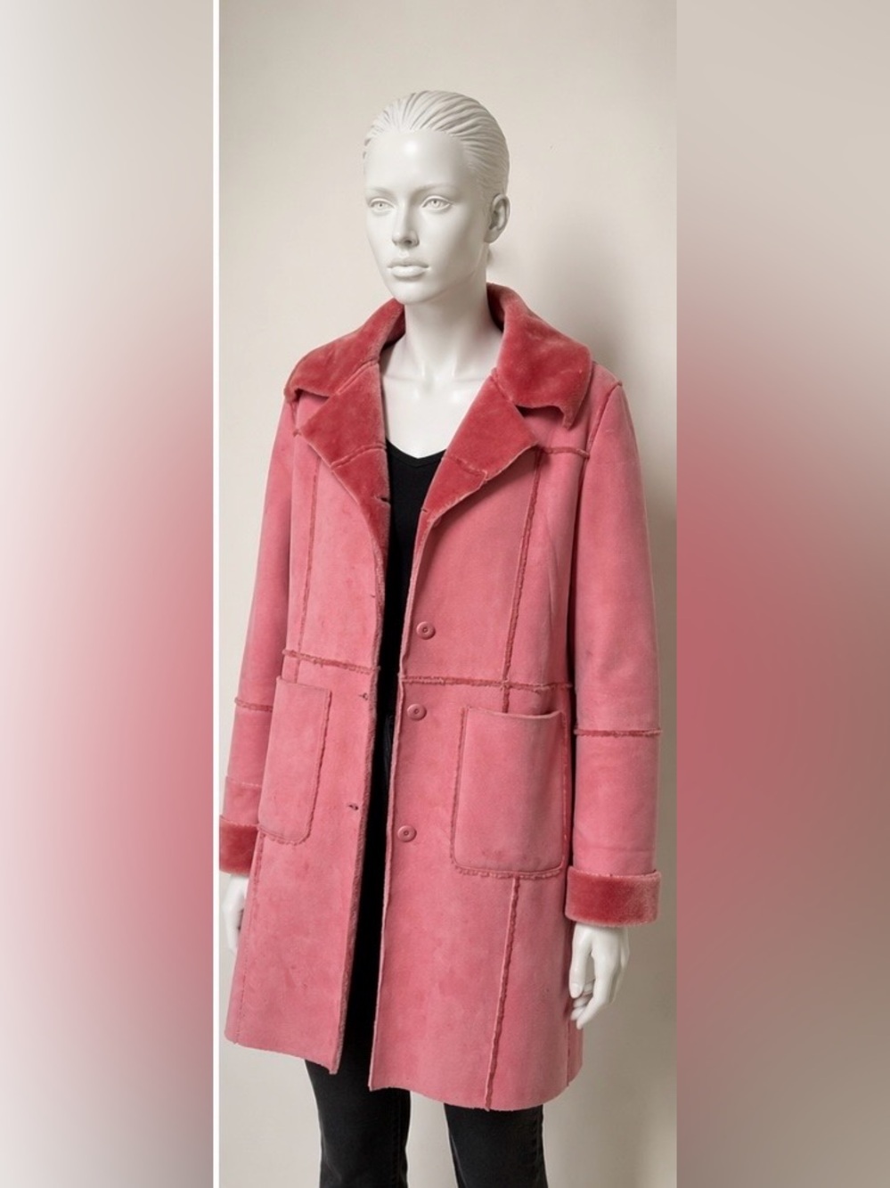 Blanc Noir Pink Faux-Shearling Trench Coat Large